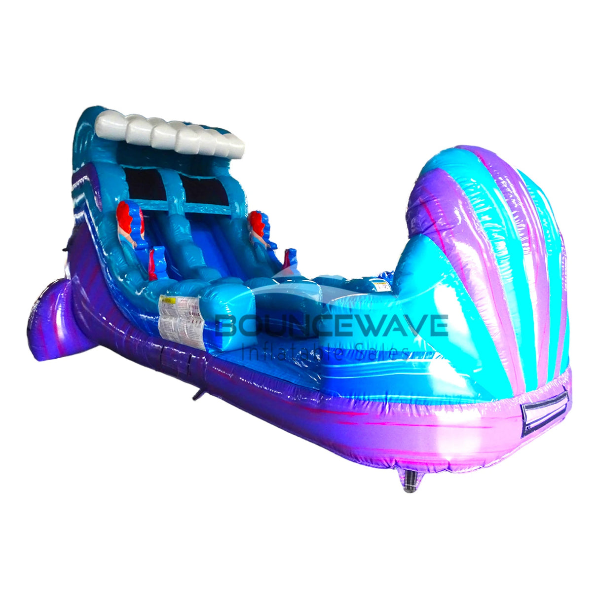 15ft Mermaid Commercial Single Lane Inflatable Water Slide featuring blue and purple design with wave patterns, dual slides, and inflatable pool area in warehouse setting