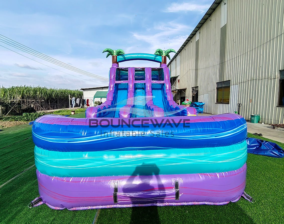 15ft Purple Plunge Dual Lane Center Climb Inflatable Water Slide - BounceWave Inflatable Sales