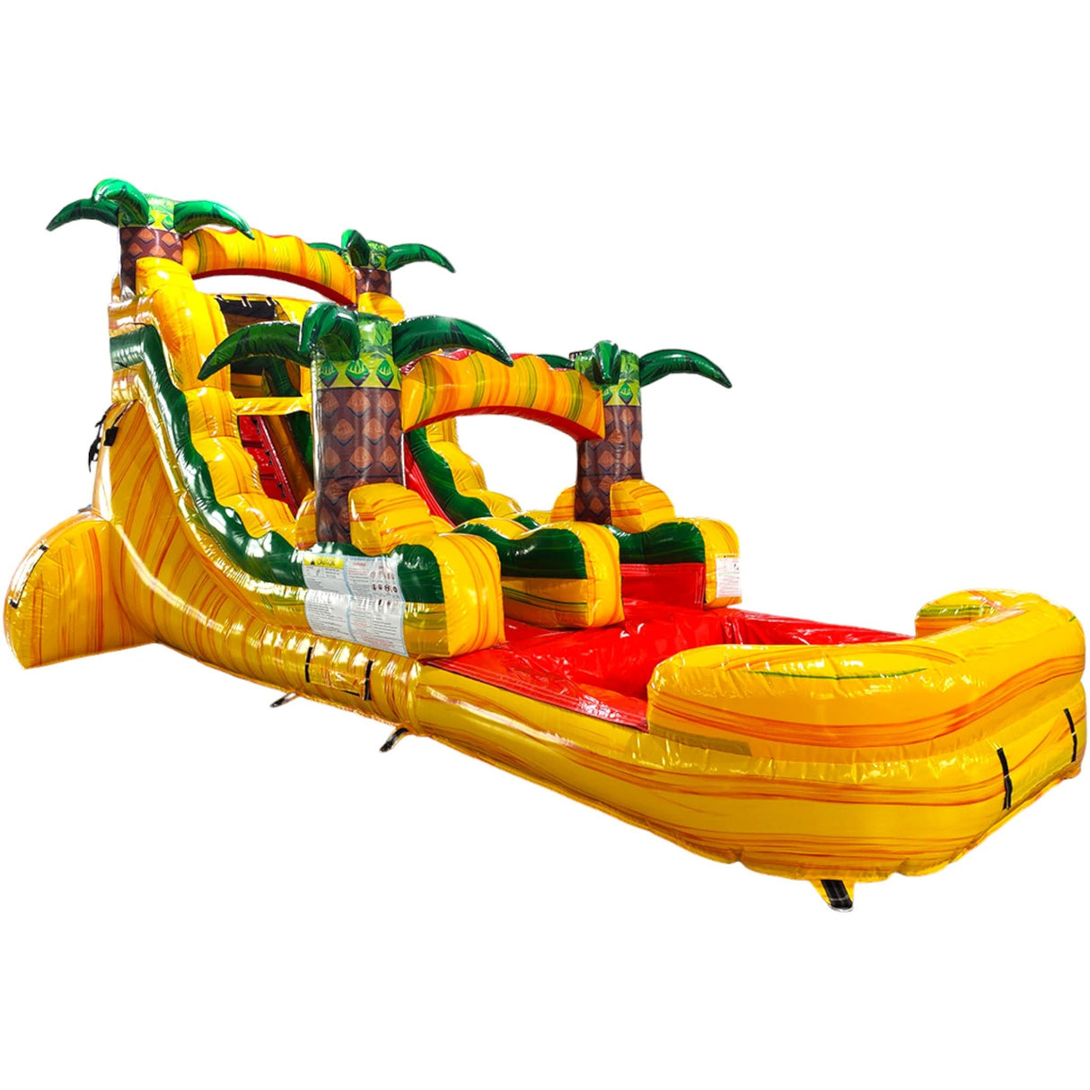 15ft Rasta Splash Commercial Single Lane Inflatable Water Slide featuring tropical theme with palm trees, yellow slide, and red inflatable pool in warehouse setting