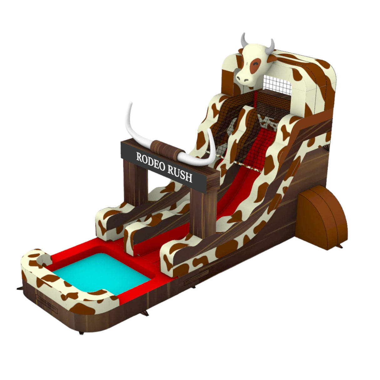 15ft Rodeo Rush Commercial Single Lane Inflatable Water Slide side view showcasing cow-print structure, red slide, inflatable horns, and splash pool with turquoise water