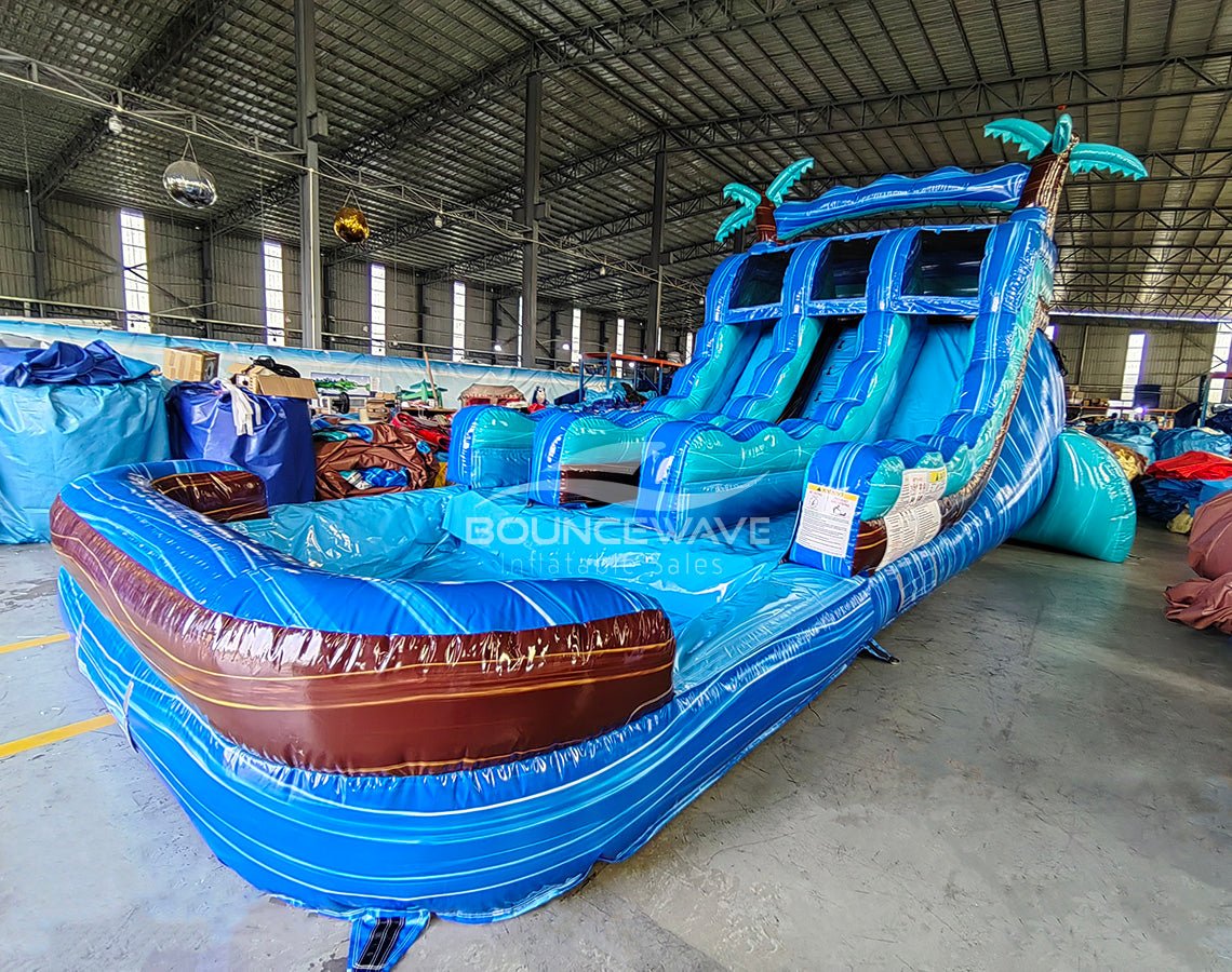 15ft South Beach Palms Dual Lane Center Climb Inflatable Water Slide - BounceWave Inflatable Sales