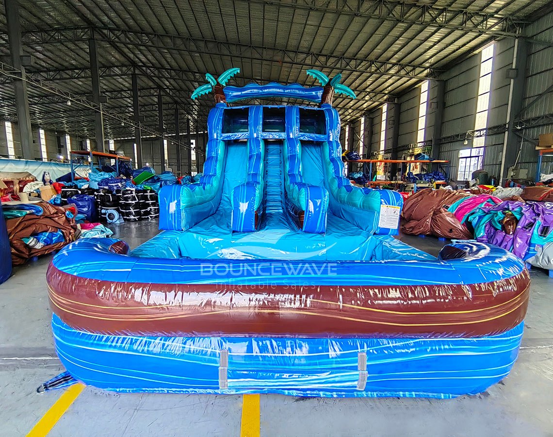 15ft South Beach Palms Dual Lane Center Climb Inflatable Water Slide - BounceWave Inflatable Sales