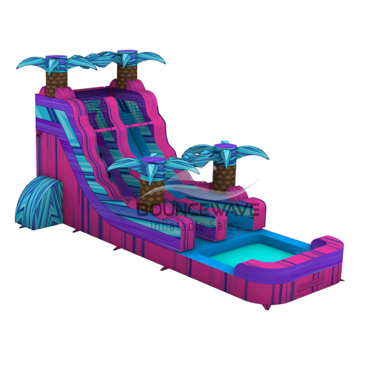 15ft Supernova Splash Commercial Single Lane Inflatable Water Slide side view showcasing pink structure, purple accents, blue curved slide, and inflatable palm trees in indoor facility