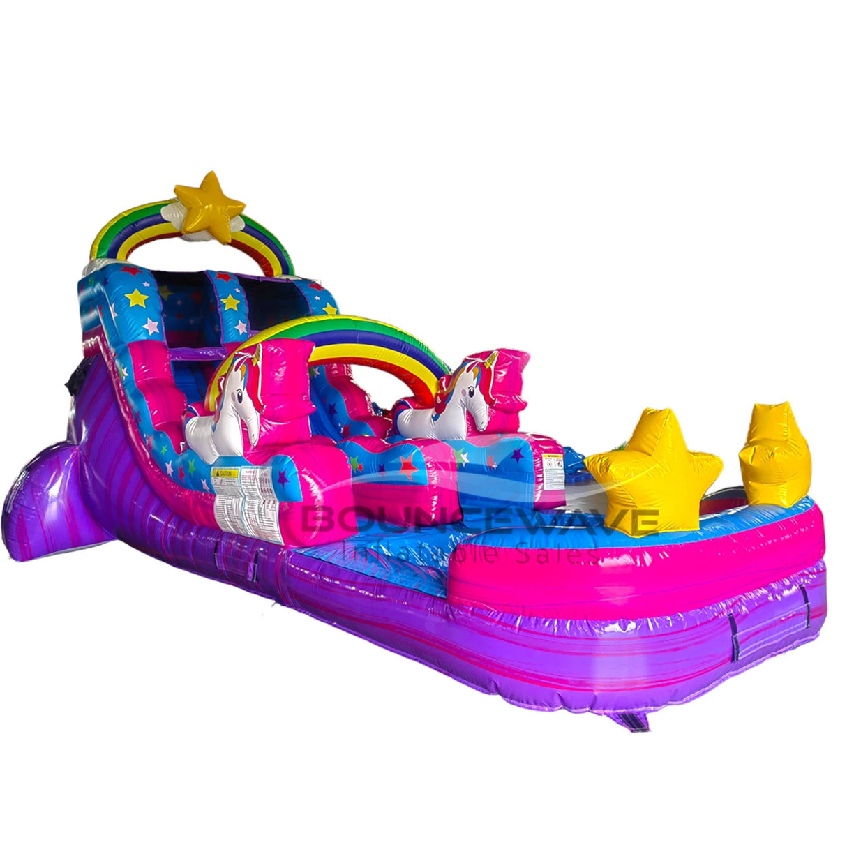 Close-up view of Unicorn Splash inflatable water slide displaying vibrant colors, rainbow designs, unicorn decorations, and star-shaped pool floats in splash area.