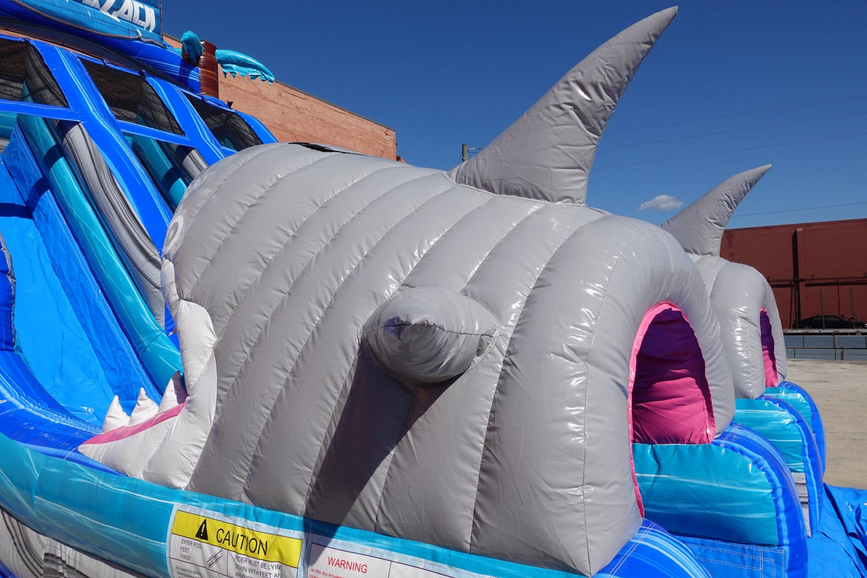 18ft Shark Beach Dual Lane Center Climb Inflatable Water Slide - BounceWave Inflatable Sales