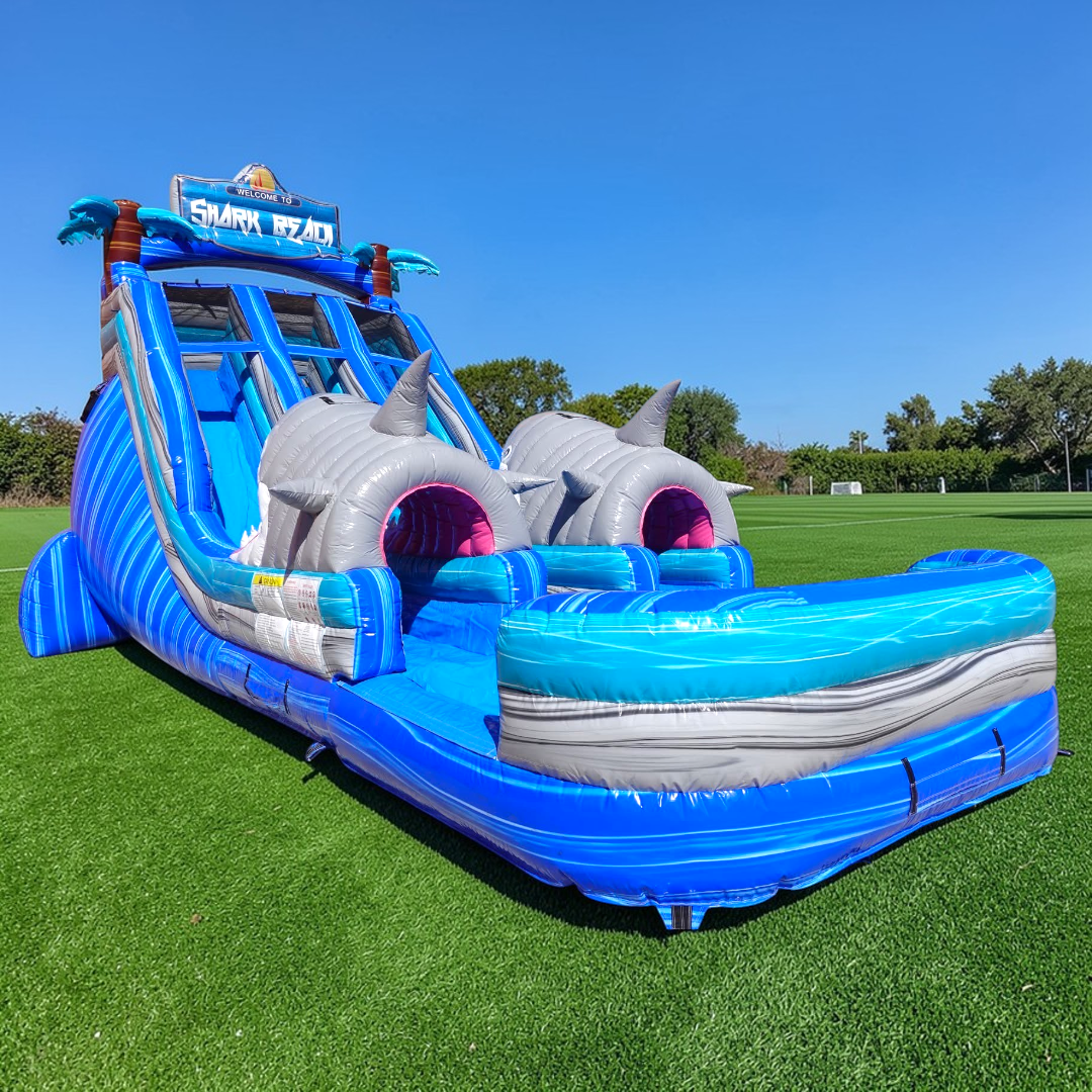 18ft Shark Beach Dual Lane Water Slide – Center Climb - BounceWave Inflatable Sales
