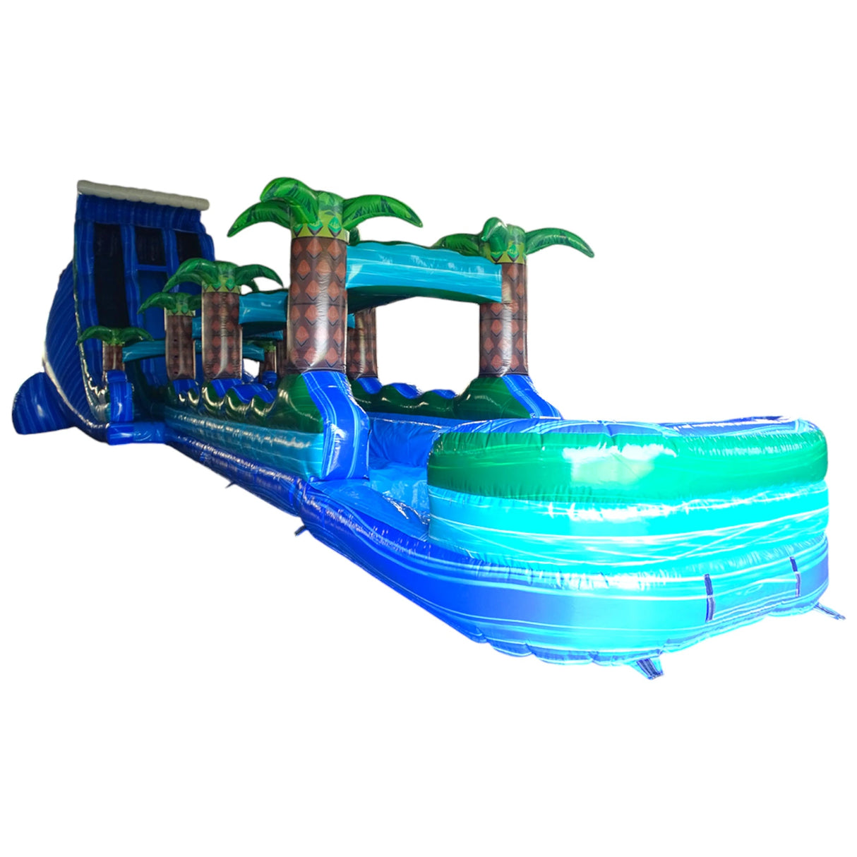 24ft Trop Wave DL 2pc Commercial Water Slide with Inflatable Slip & Slide side view showcasing curved blue slide, inflatable palm trees, and long water play area