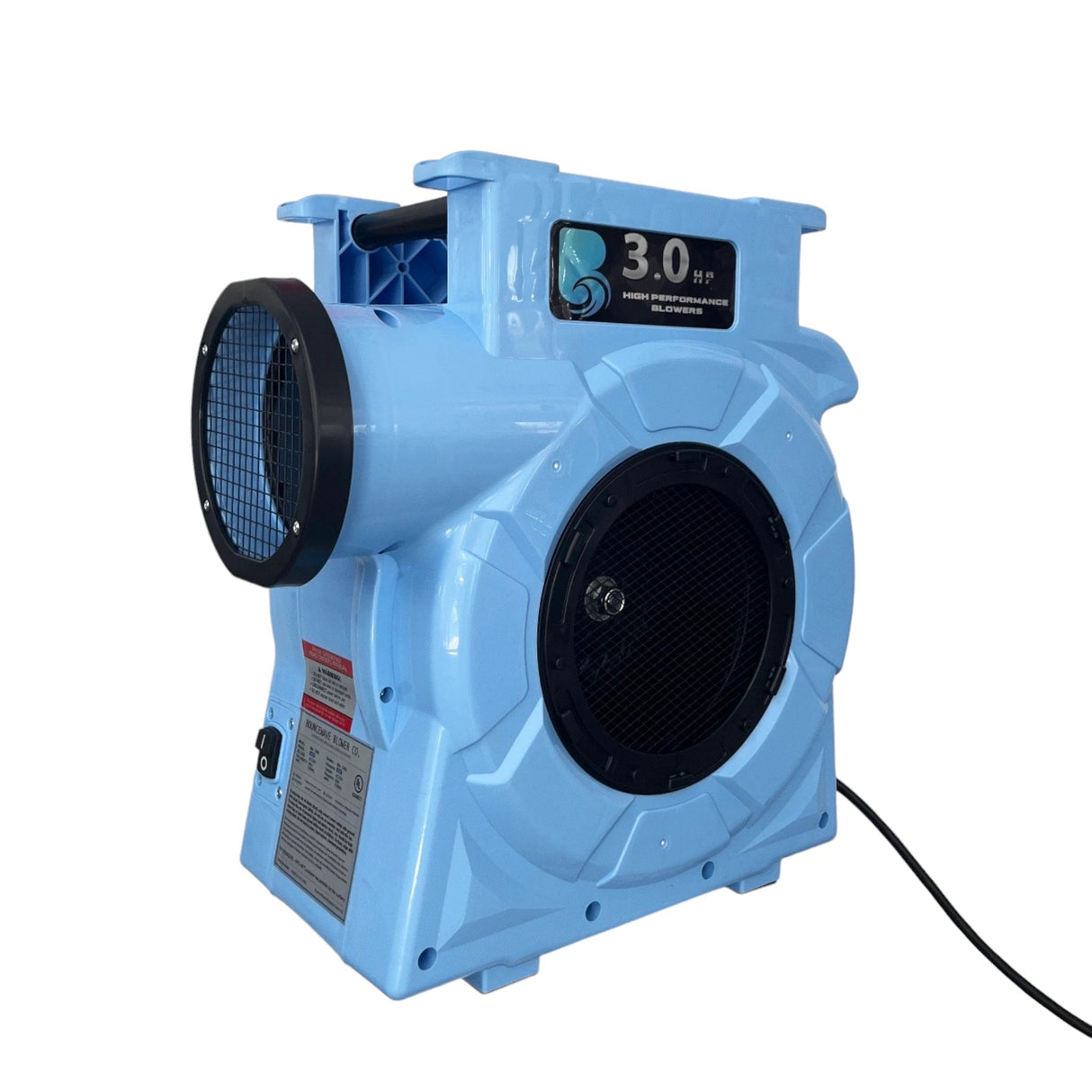 3.0hp BounceWave Air Pump for Inflatables side view showcasing light blue casing, dual air outlets, product label, and power cord in indoor setting