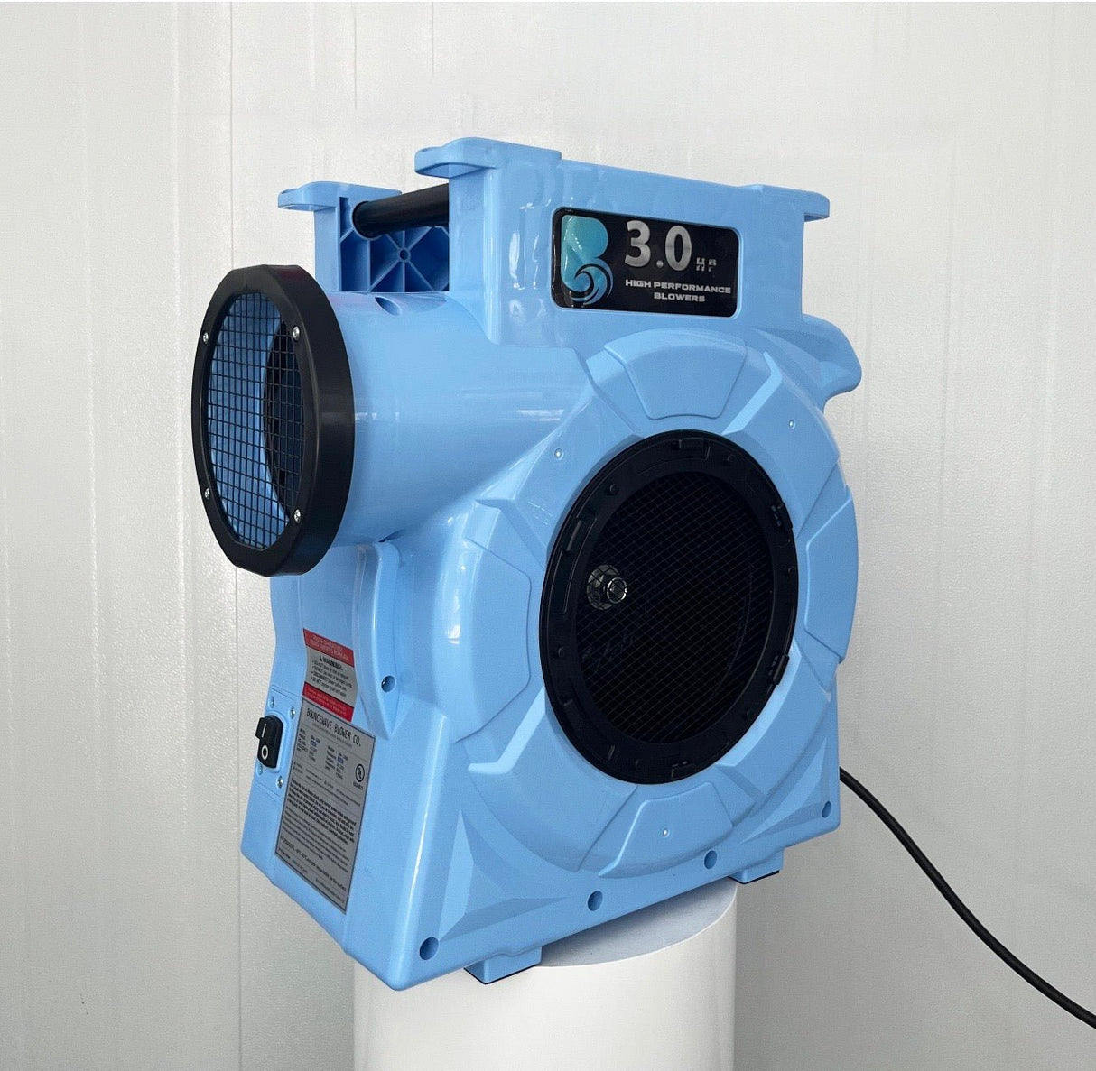 3.0hp BounceWave Air Pump for Inflatables angled view displaying light blue body, large circular fan guard, dual outlets, and "3.0 HP" branding on cylindrical base