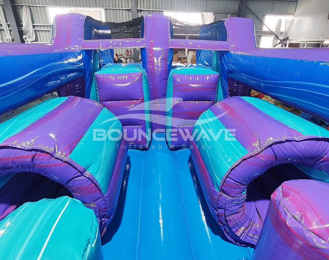 46ft Purple Plunge Teal "Flash" Hybrid Inflatable Obstacle Course - BounceWave Inflatable Sales