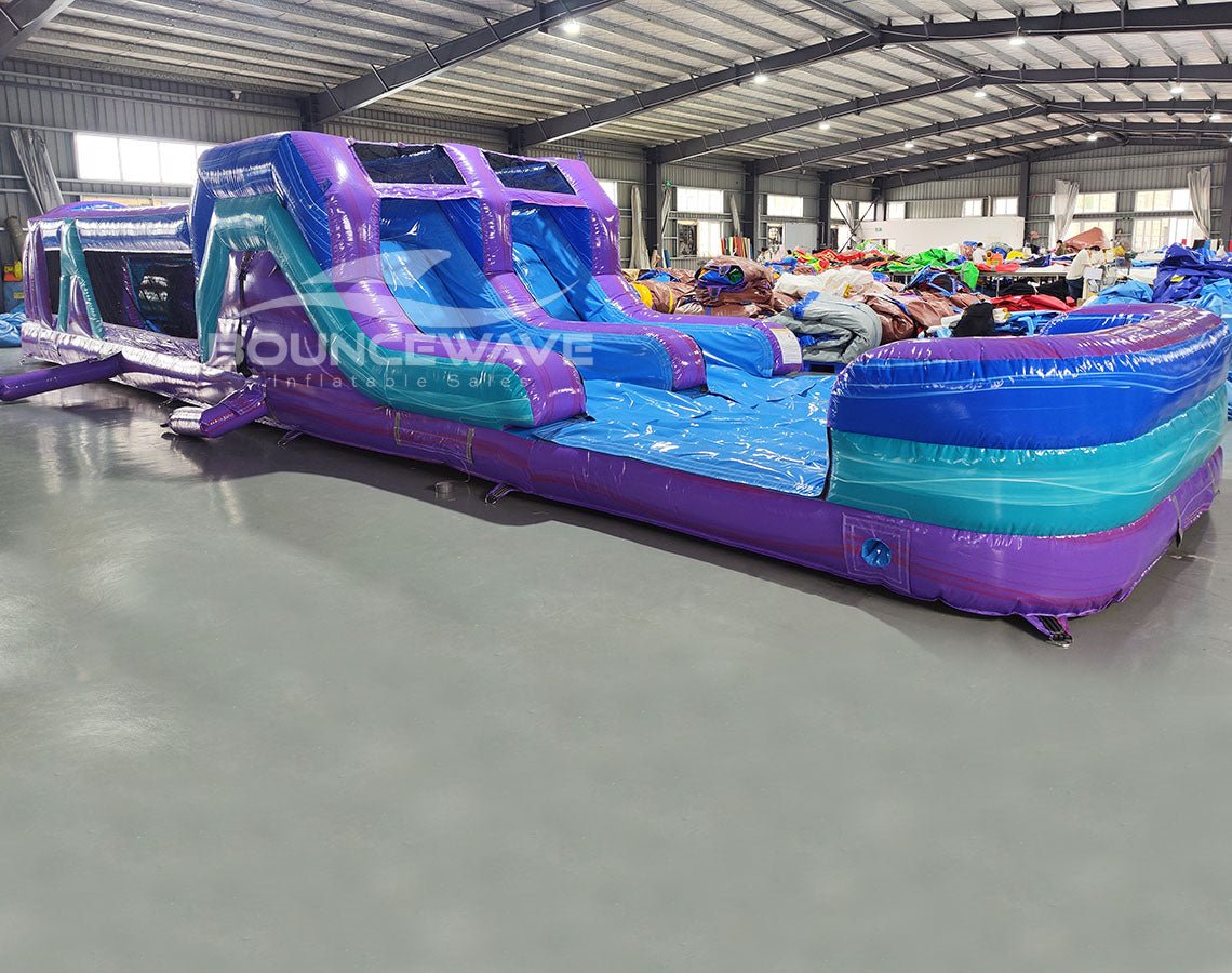 46ft Purple Plunge Teal "Flash" Hybrid Inflatable Obstacle Course - BounceWave Inflatable Sales
