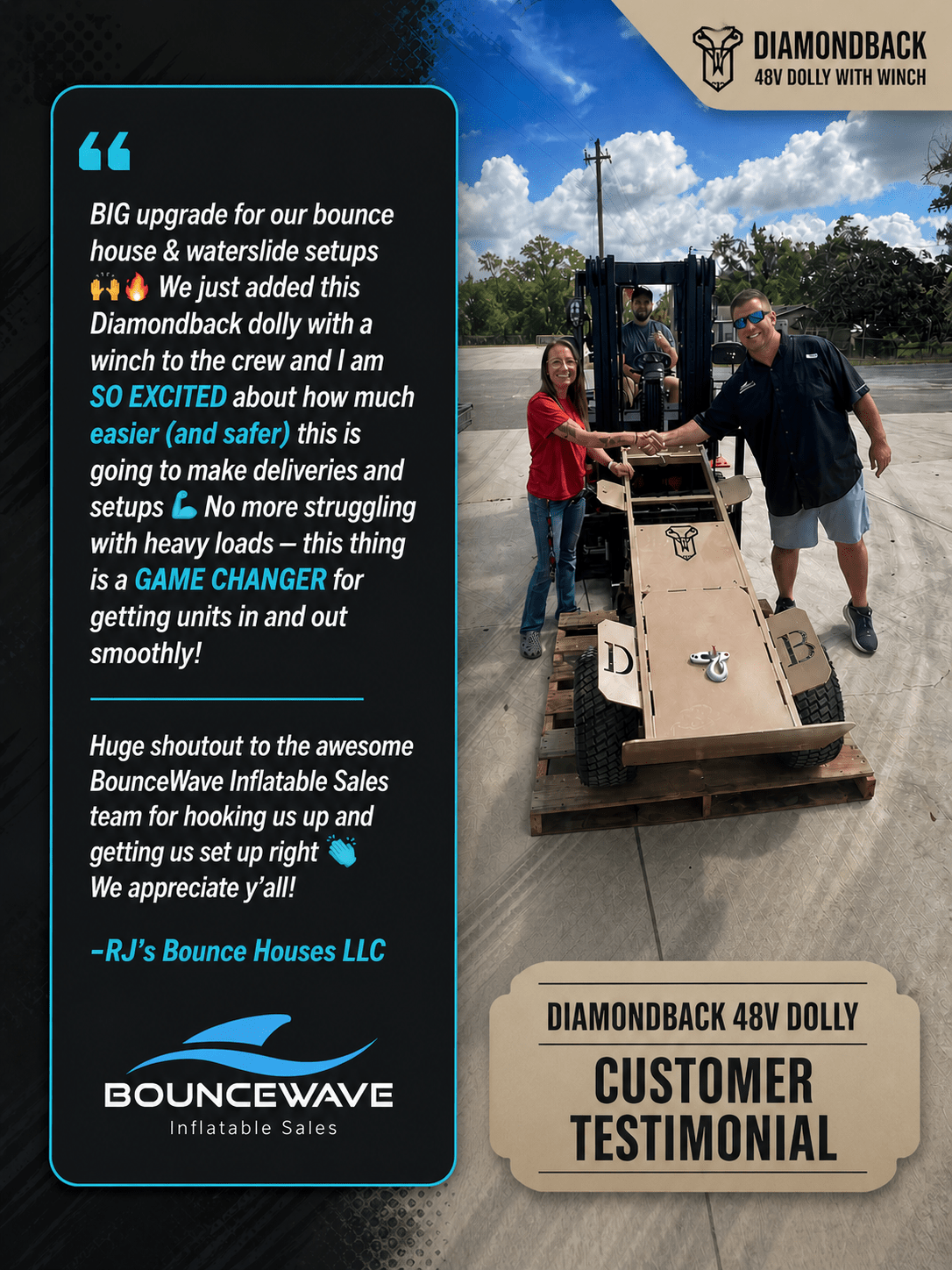 48V Diamondback Motorized Dolly with Winch for Inflatables - BounceWave Inflatable Sales
