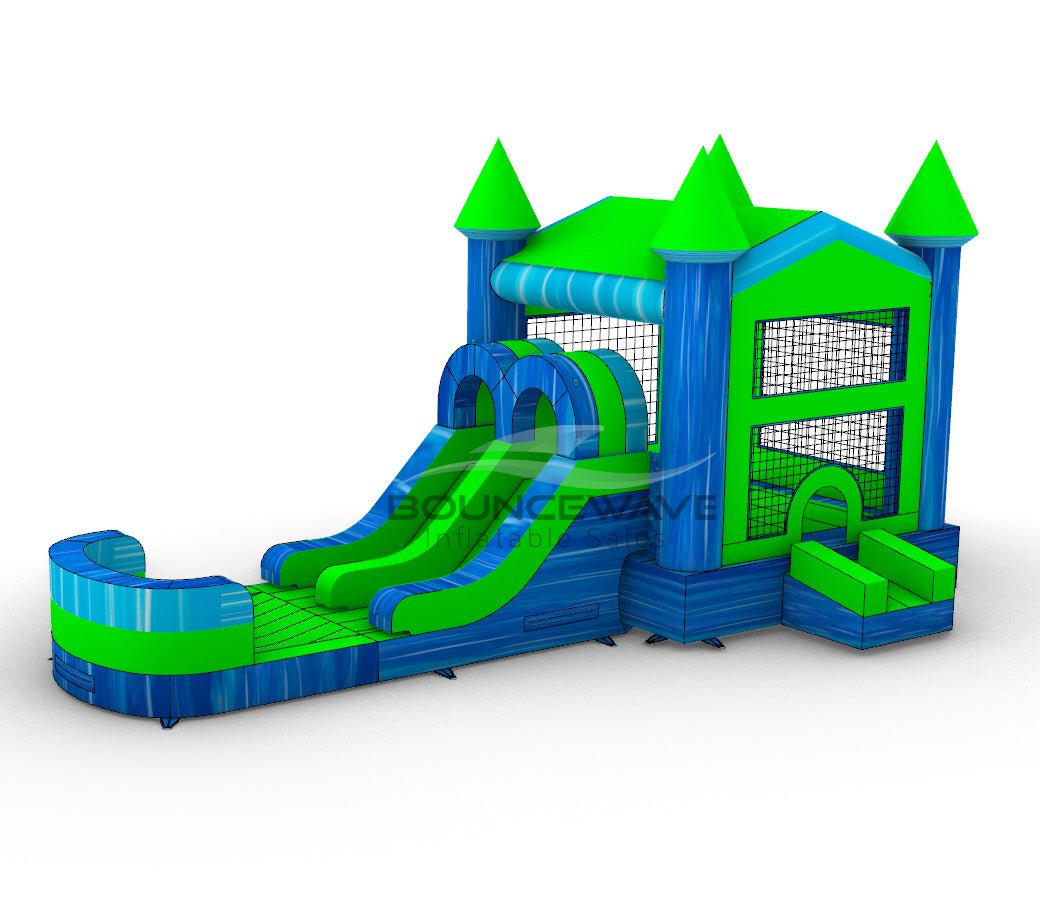 AquaBolt PowerPlay Dual Lane Bounce House with Slide Combo - BounceWave Inflatable Sales