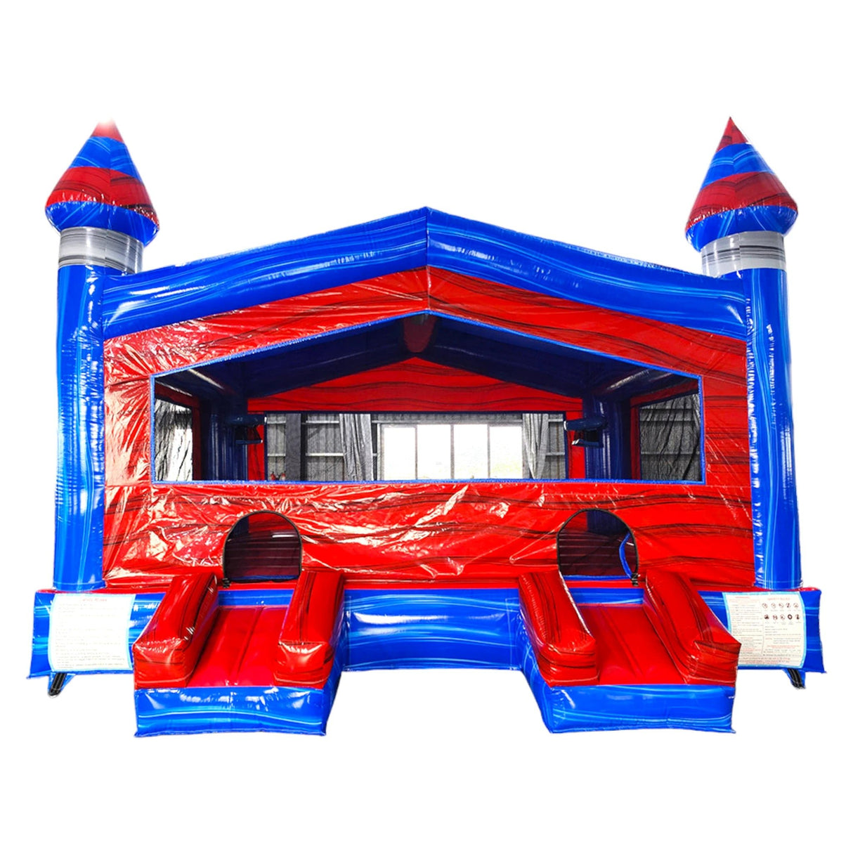 Baja XL Commercial Grade Bounce House front view showcasing vibrant red and blue color scheme with castle-inspired design and safety entrance steps