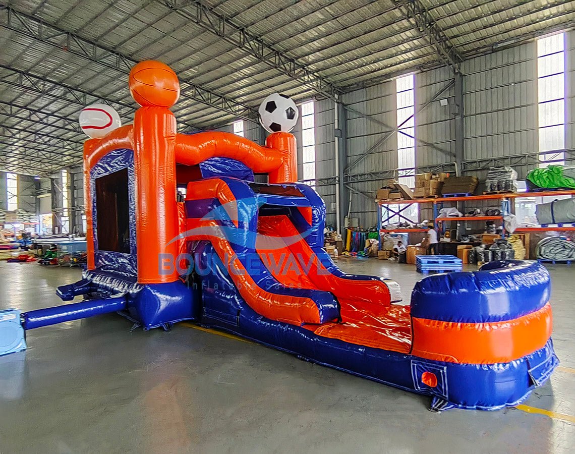 Blue & Orange Sports Econo Bounce House with Slide (Wet/Dry) - BounceWave Inflatable Sales