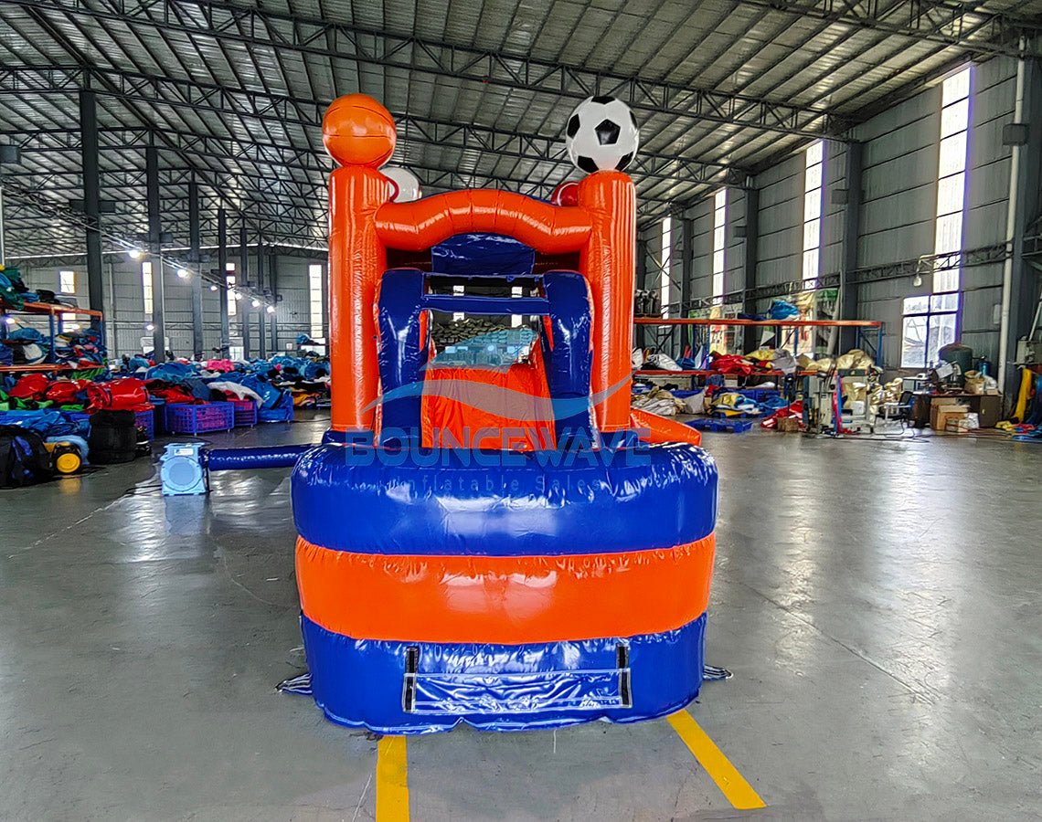 Blue & Orange Sports Econo Bounce House with Slide (Wet/Dry) - BounceWave Inflatable Sales