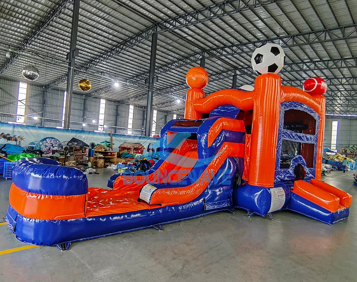 Blue & Orange Sports Econo Bounce House with Slide (Wet/Dry) - BounceWave Inflatable Sales
