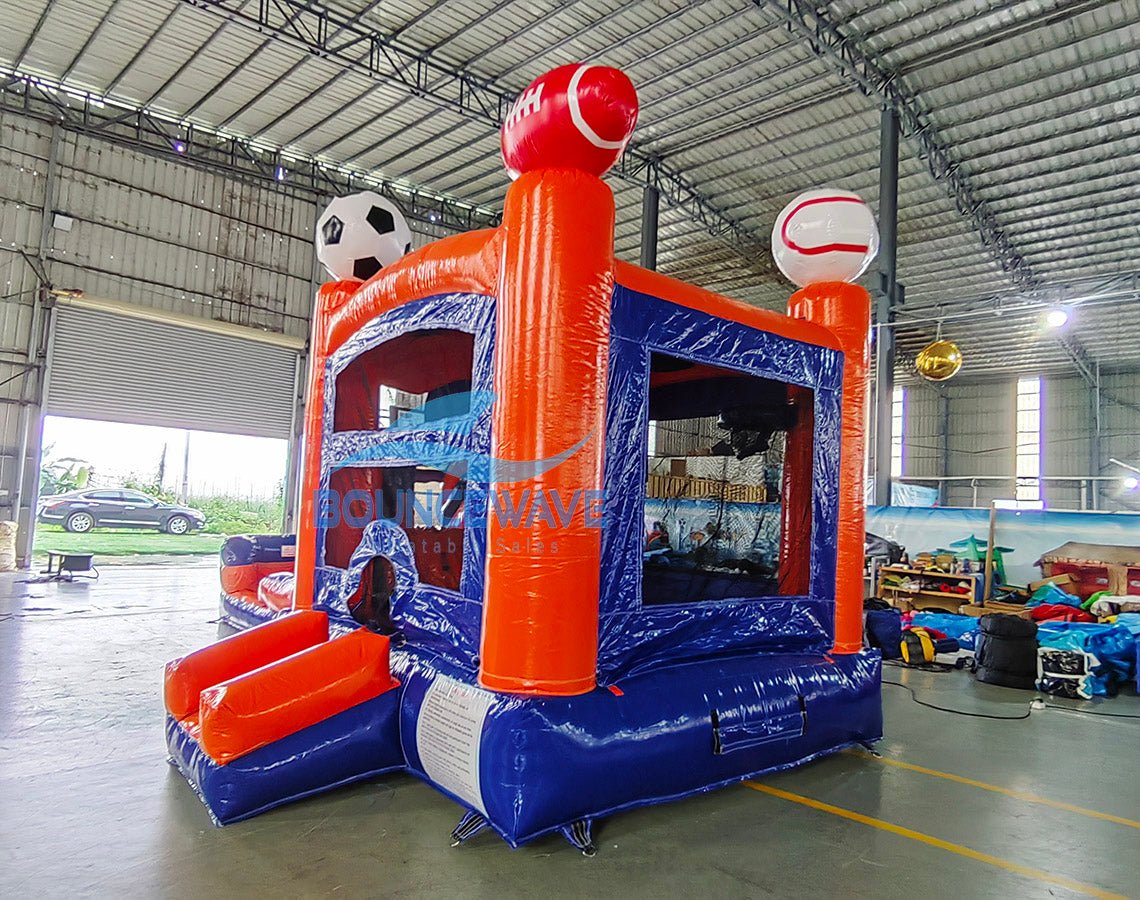 Blue & Orange Sports Econo Bounce House with Slide (Wet/Dry) - BounceWave Inflatable Sales