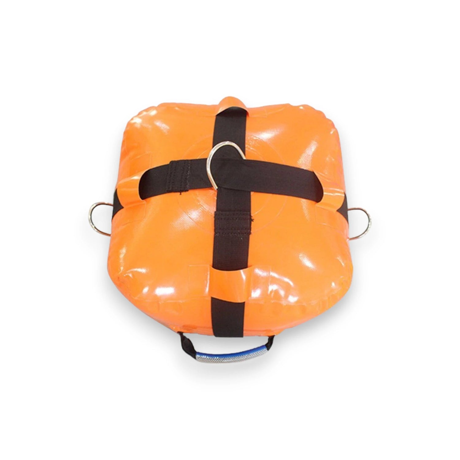 Commercial Grade Anchoring Water Bag for Inflatables featuring orange inflatable bag with black straps and metal D-rings for secure attachment