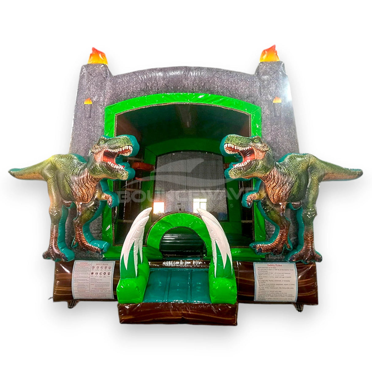 Dino Dive Commercial Grade Bounce House featuring realistic T-Rex sculptures, volcanic design, and green entrance arch