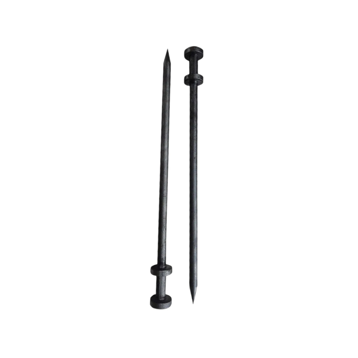 24" Double-Headed Carbon Steel Anchoring Stake for Inflatables featuring two flat heads, long shaft, and pointed tip for secure ground insertion