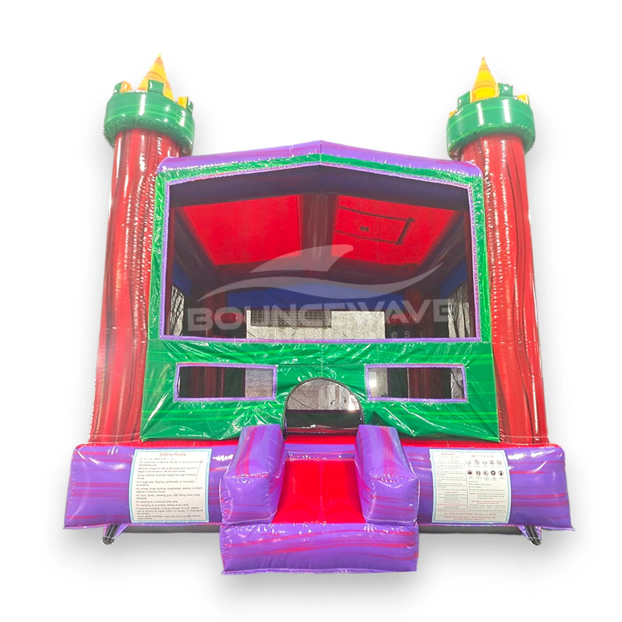 Euro Marble Commercial Grade Bounce House front view showcasing vibrant colors, mesh windows, and safety entrance with Bounceway branding