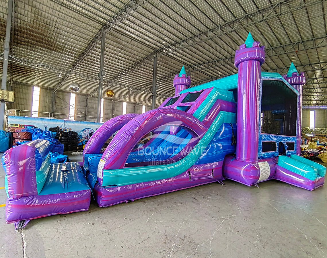 Euro Teal Purple Plunge Dual Lane Commercial Inflatable Combo (Wet/Dry) - BounceWave Inflatable Sales