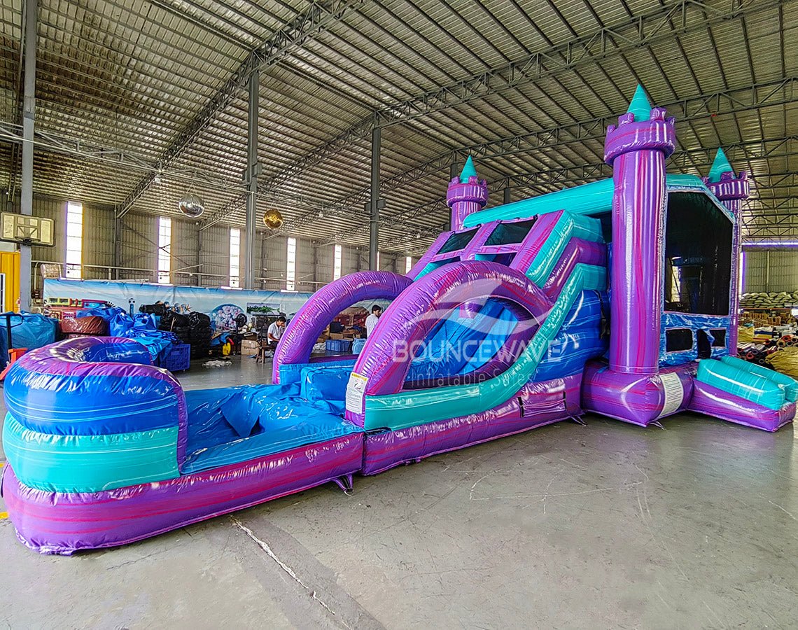 Euro Teal Purple Plunge Dual Lane Commercial Inflatable Combo (Wet/Dry) - BounceWave Inflatable Sales
