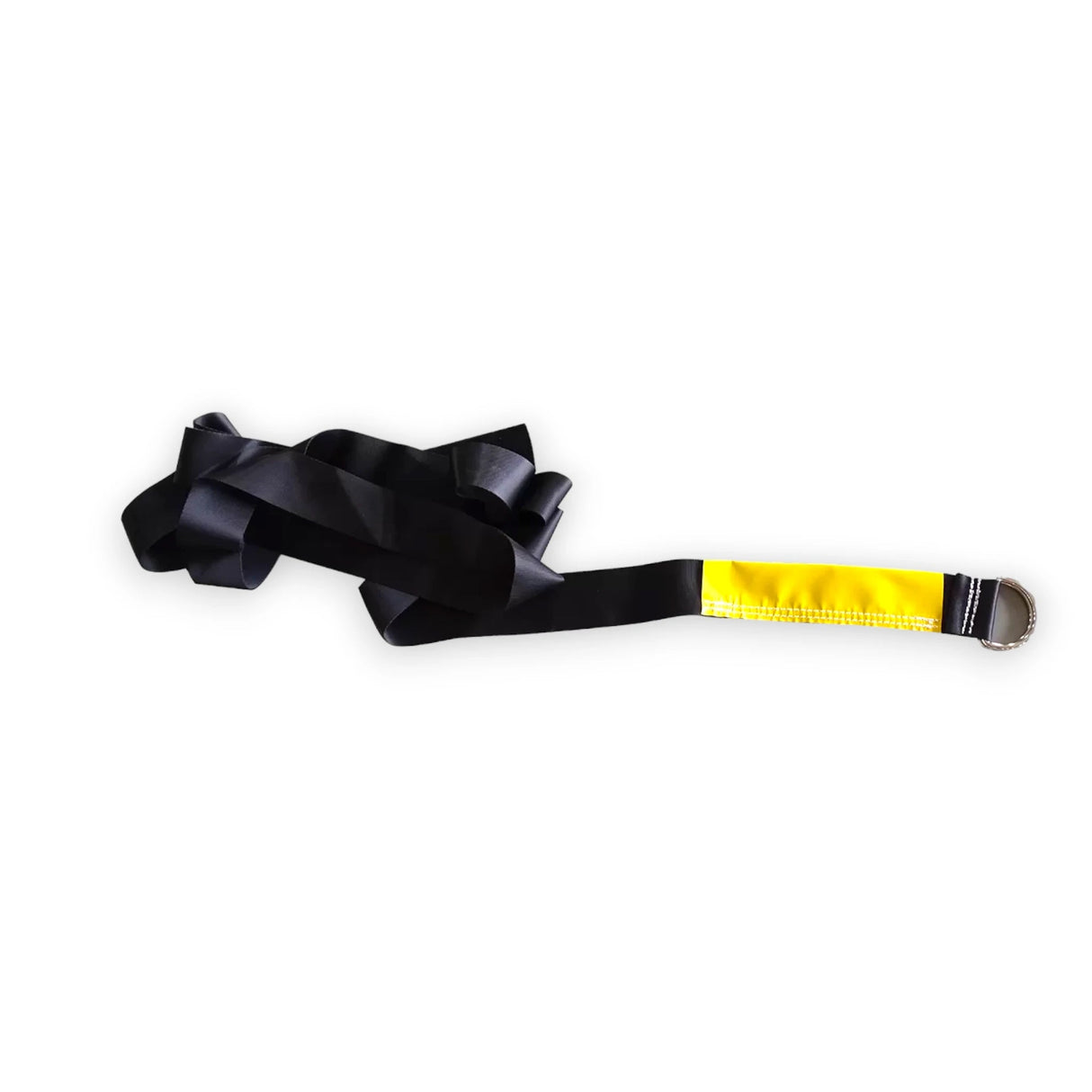 Commercial Grade High Strength Inflatable Straps showcasing long black strap with yellow reinforced end and metal D-ring for durability