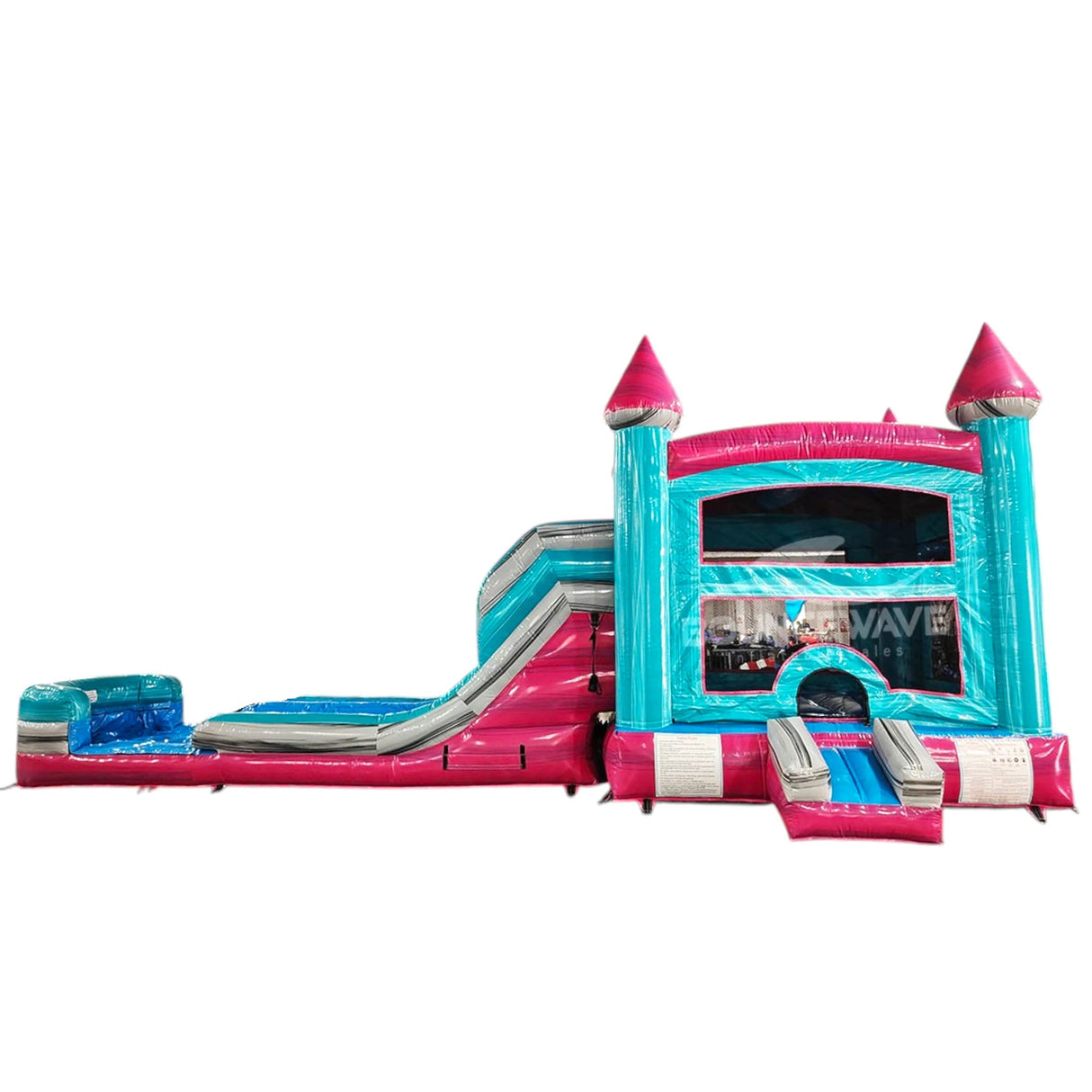 Pink Teal Palace Splash & Save Bounce House with Dual Lane Slide (Wet/Dry) - BounceWave Inflatable Sales