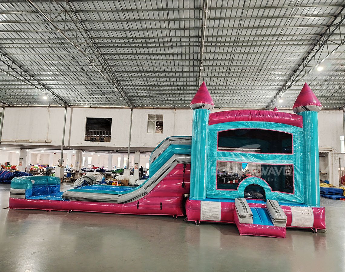 Pink Teal Palace Splash & Save Bounce House with Dual Lane Slide (Wet/Dry) - BounceWave Inflatable Sales