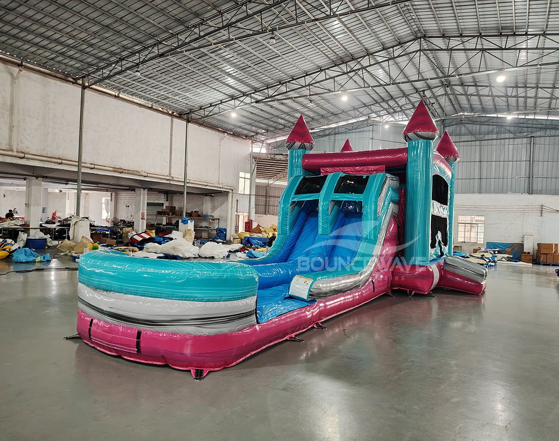 Pink Teal Palace Splash & Save Bounce House with Dual Lane Slide (Wet/Dry) - BounceWave Inflatable Sales