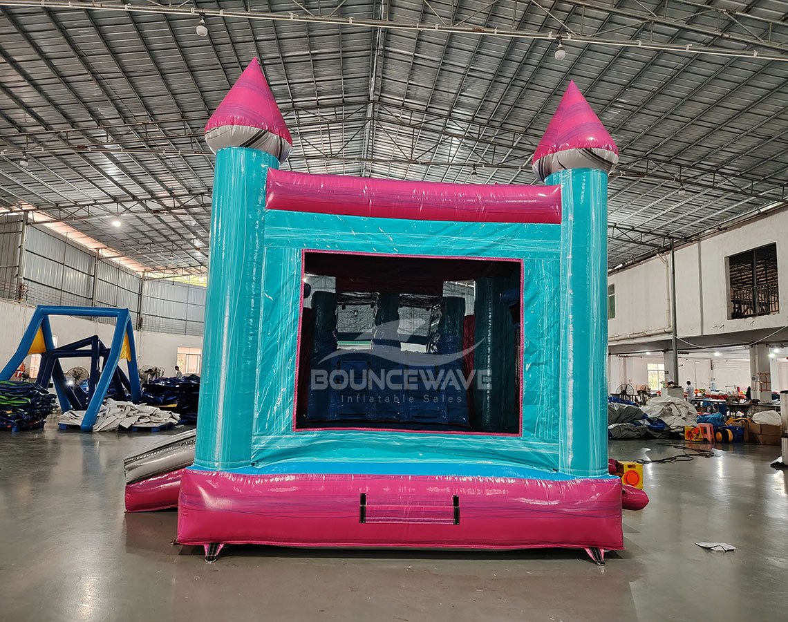 Pink Teal Palace Splash & Save Bounce House with Dual Lane Slide (Wet/Dry) - BounceWave Inflatable Sales
