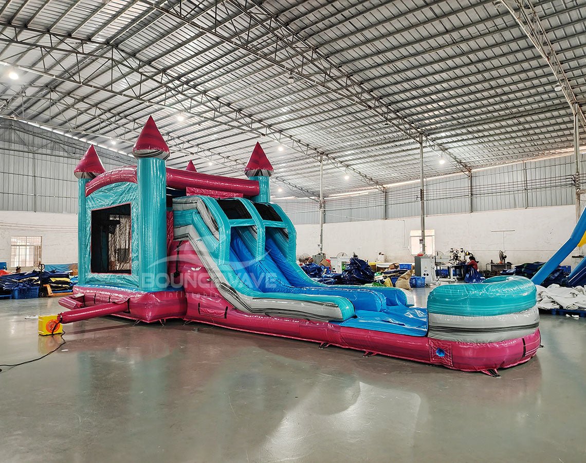 Pink Teal Palace Splash & Save Bounce House with Dual Lane Slide (Wet/Dry) - BounceWave Inflatable Sales