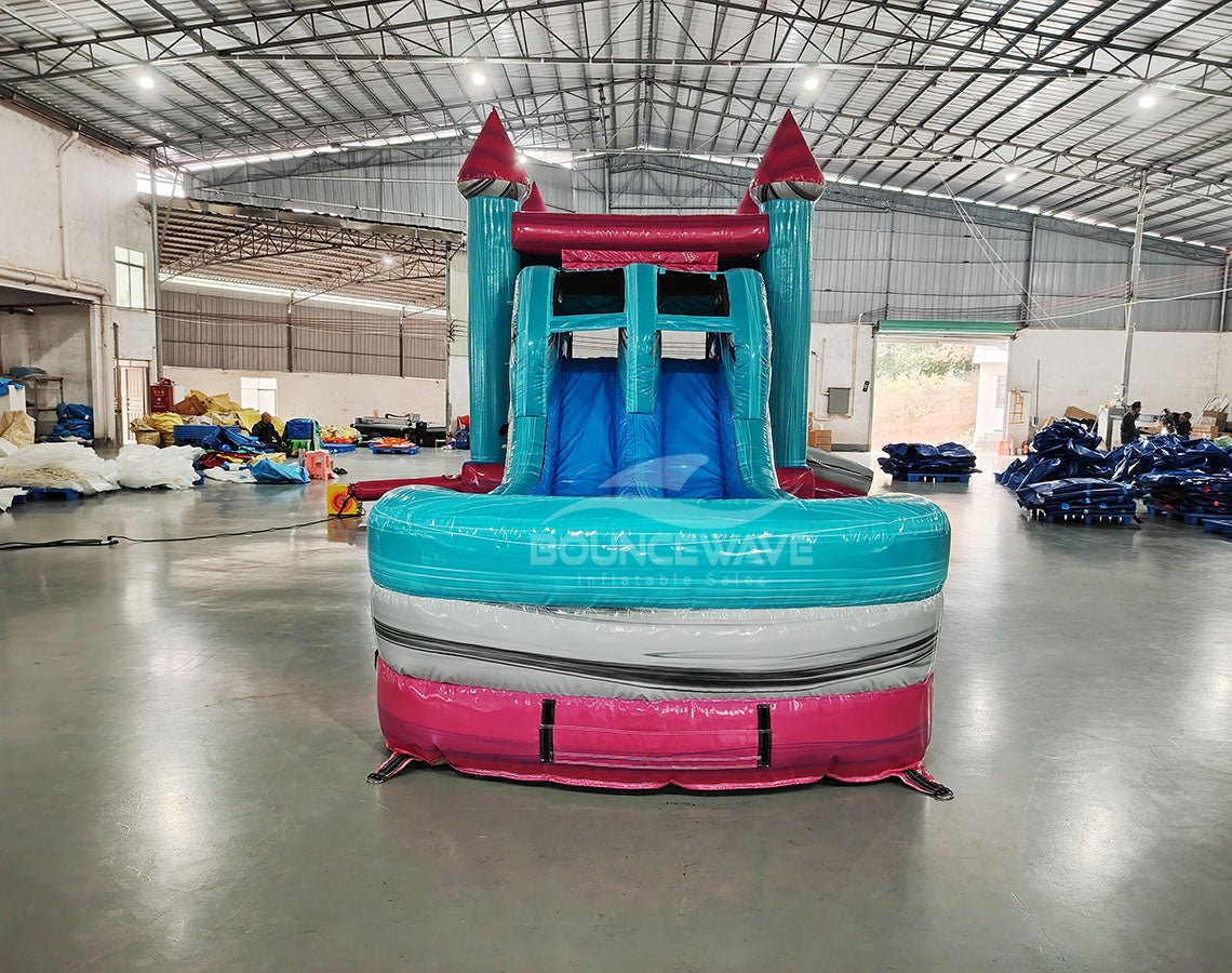 Pink Teal Palace Splash & Save Bounce House with Dual Lane Slide (Wet/Dry) - BounceWave Inflatable Sales
