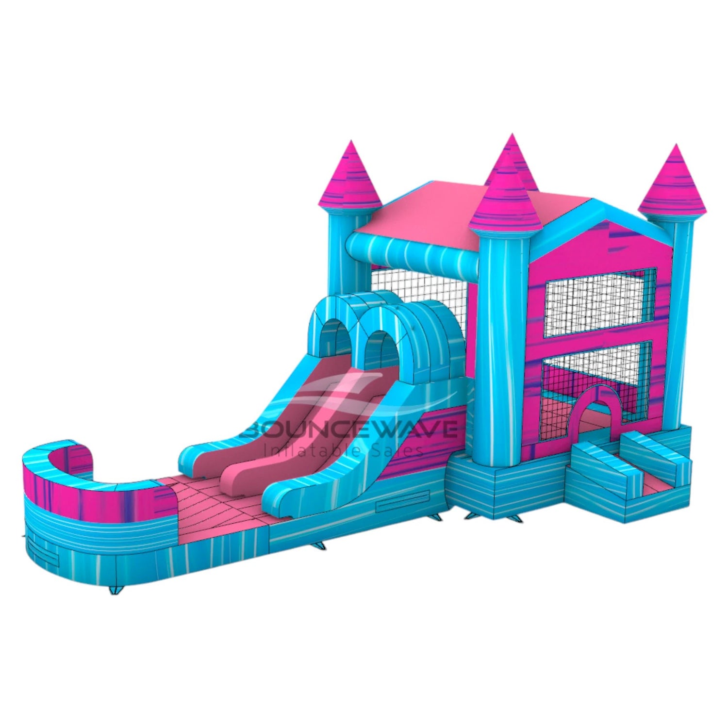 Pink & Teal PowerPlay Dual Lane Bounce House with Slide Combo - BounceWave Inflatable Sales