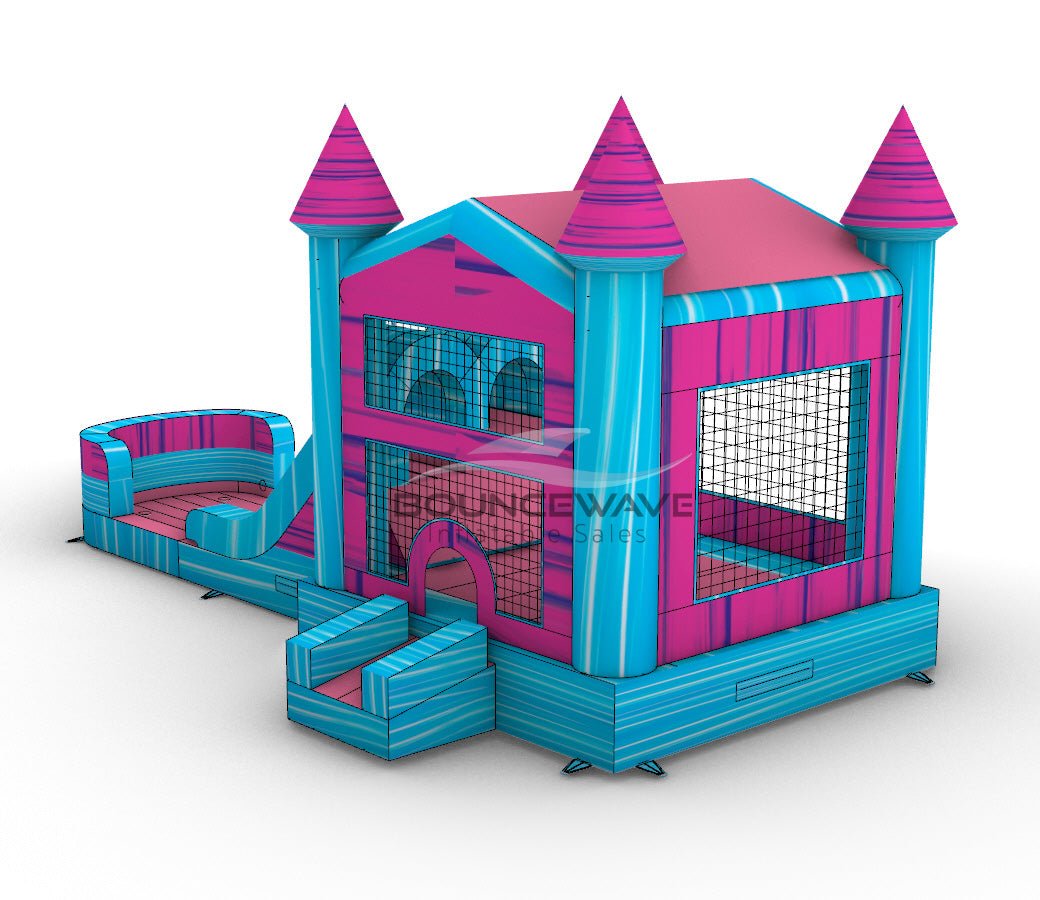 Pink & Teal PowerPlay Dual Lane Bounce House with Slide Combo - BounceWave Inflatable Sales