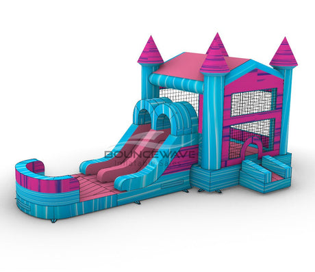 Pink & Teal PowerPlay Dual Lane Bounce House with Slide Combo - BounceWave Inflatable Sales