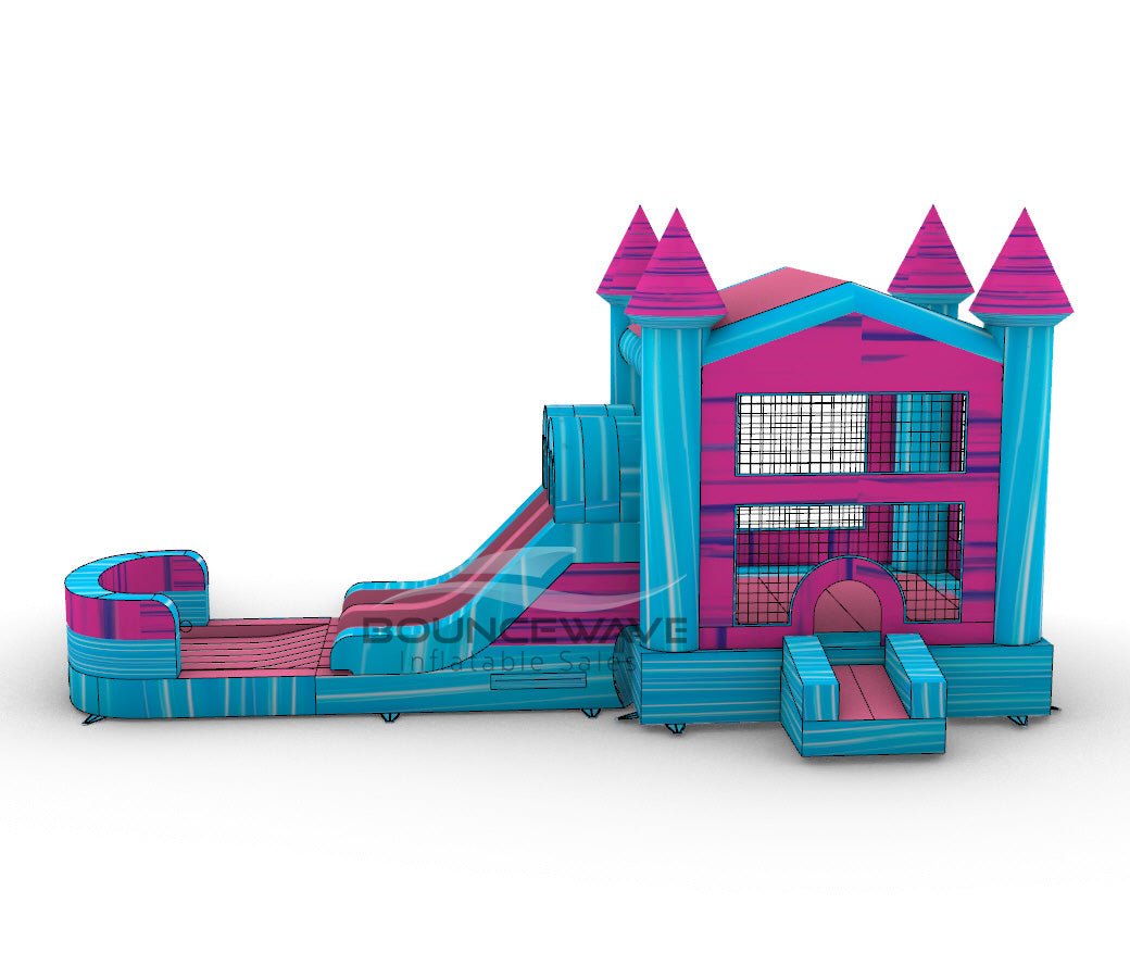 Pink & Teal PowerPlay Dual Lane Bounce House with Slide Combo - BounceWave Inflatable Sales