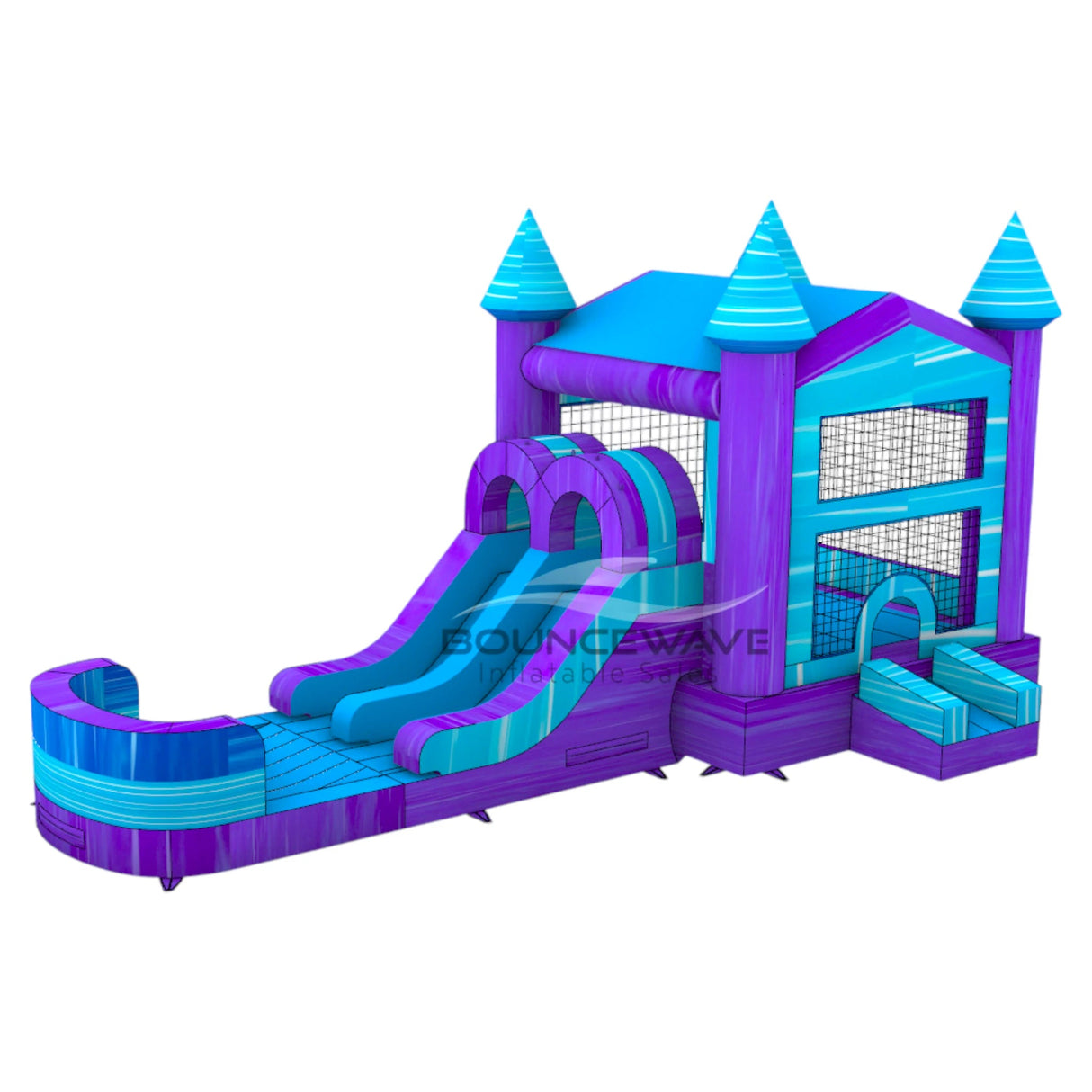 Purple Plunge PowerPlay Dual Lane Bounce House with Slide Combo - BounceWave Inflatable Sales