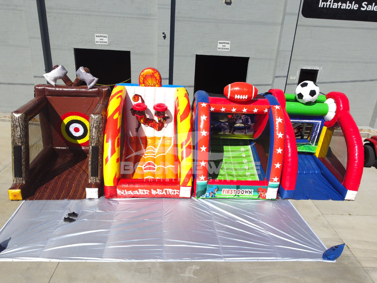 Sports Mania 4 - Piece Inflatable Game Set – Football, Soccer, Basketball & Axe Throw - BounceWave Inflatable Sales