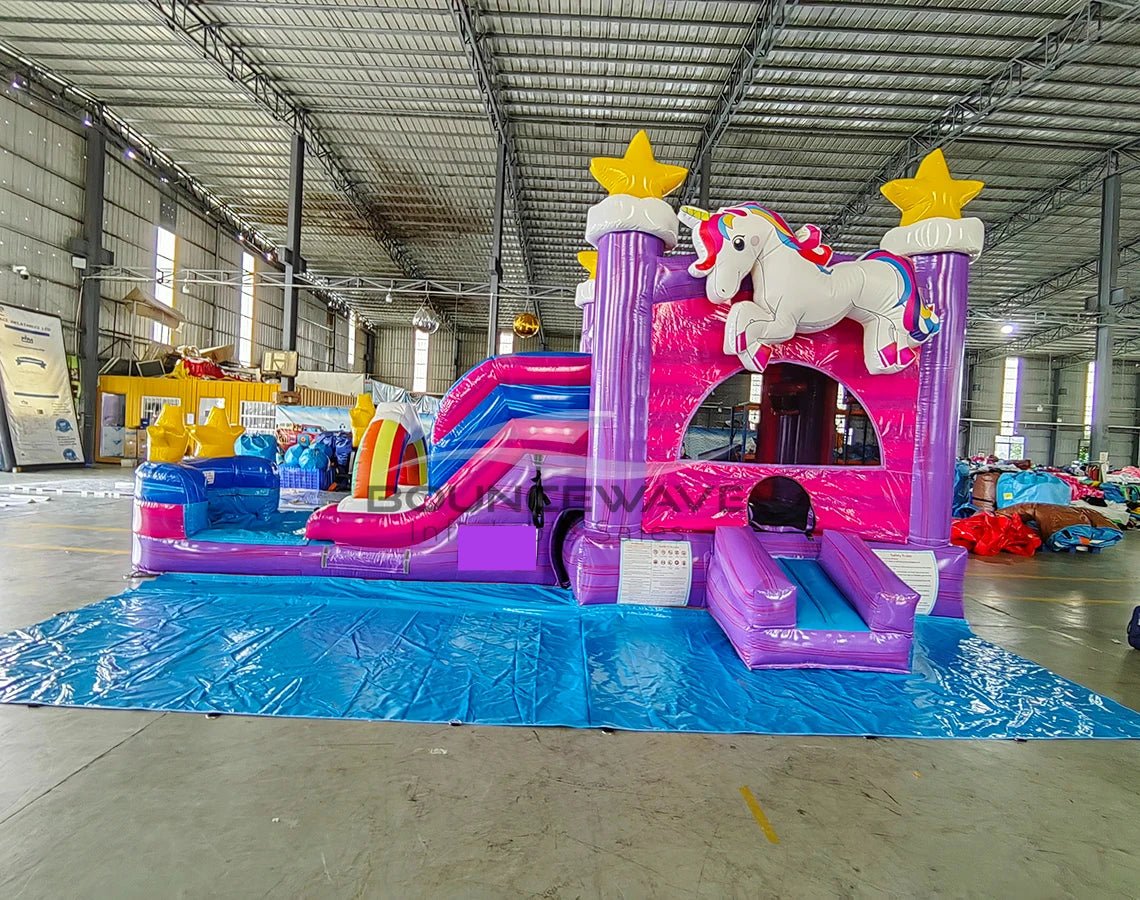 Unicorn Splash Commercial Bounce House with Slide Combo (Wet/Dry) – with Built - In Front Tarp - BounceWave Inflatable Sales
