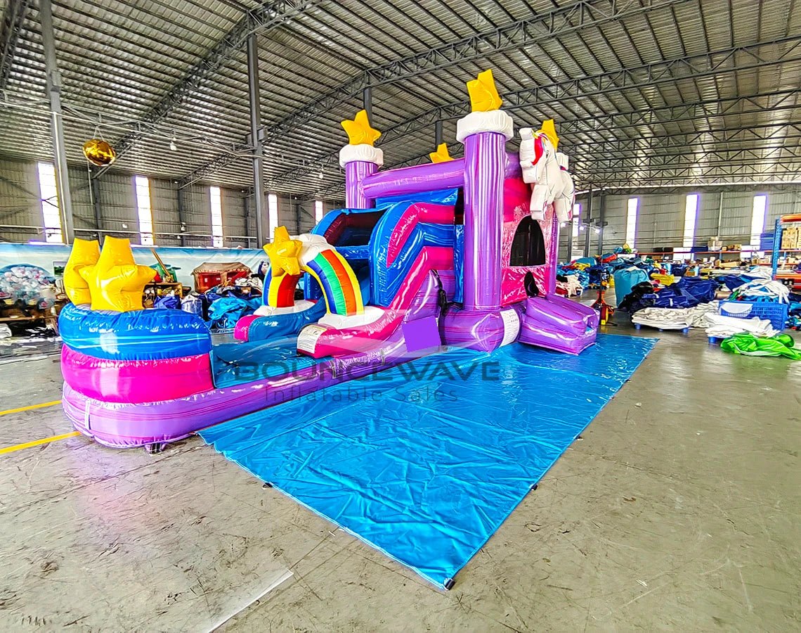 Unicorn Splash Commercial Bounce House with Slide Combo (Wet/Dry) – with Built - In Front Tarp - BounceWave Inflatable Sales