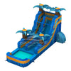 15ft Flashpoint Falls Commercial Single Lane Inflatable Water Slide side view showcasing blue slide, orange accents, inflatable palm trees, and large splash area
