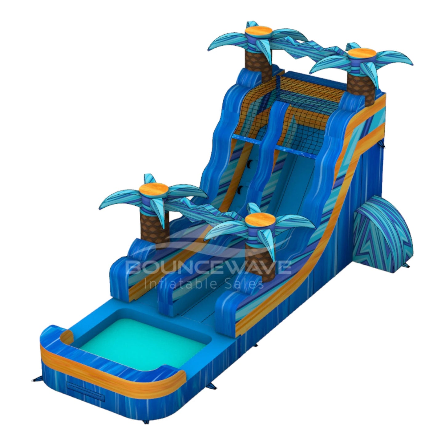 15ft Flashpoint Falls Commercial Single Lane Inflatable Water Slide side view showcasing blue slide, orange accents, inflatable palm trees, and large splash area

