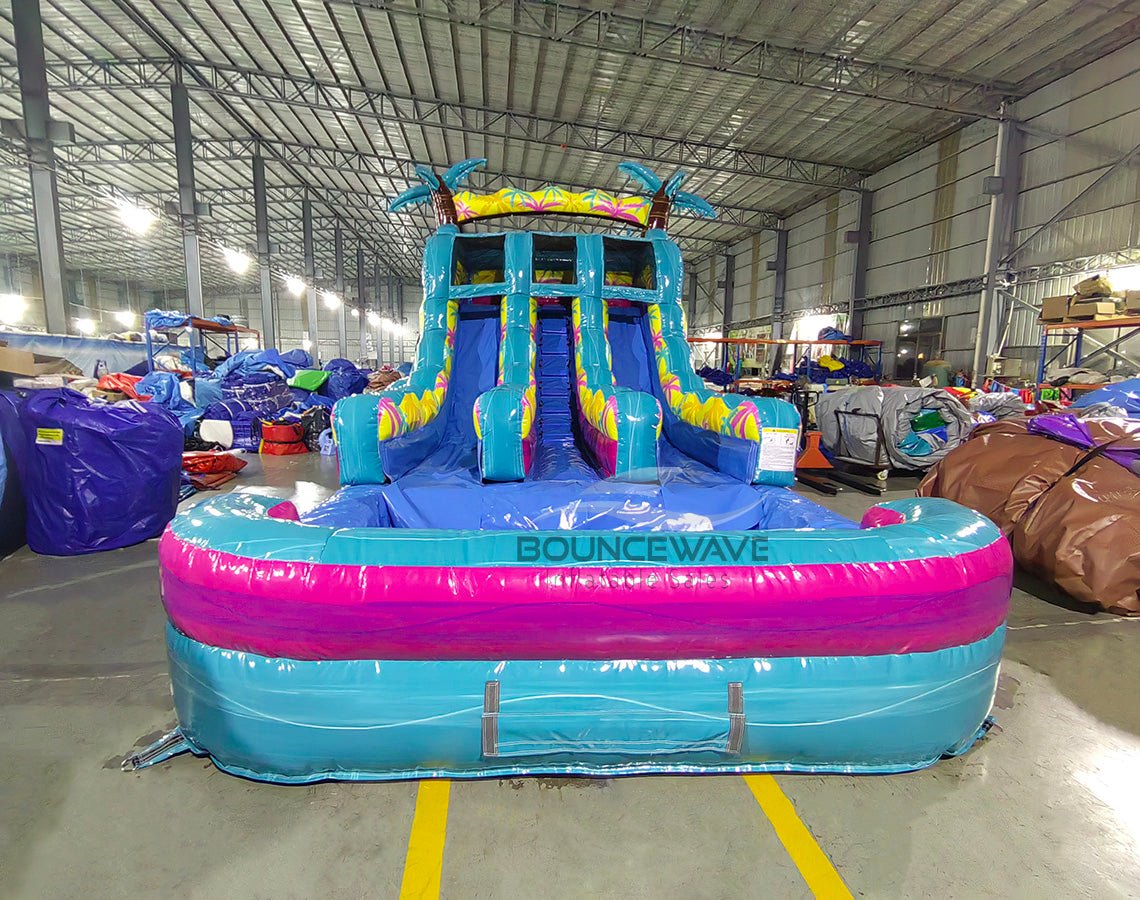 15ft Island Flow Palms Dual Lane Center Climb Inflatable Water Slide - BounceWave Inflatable Sales