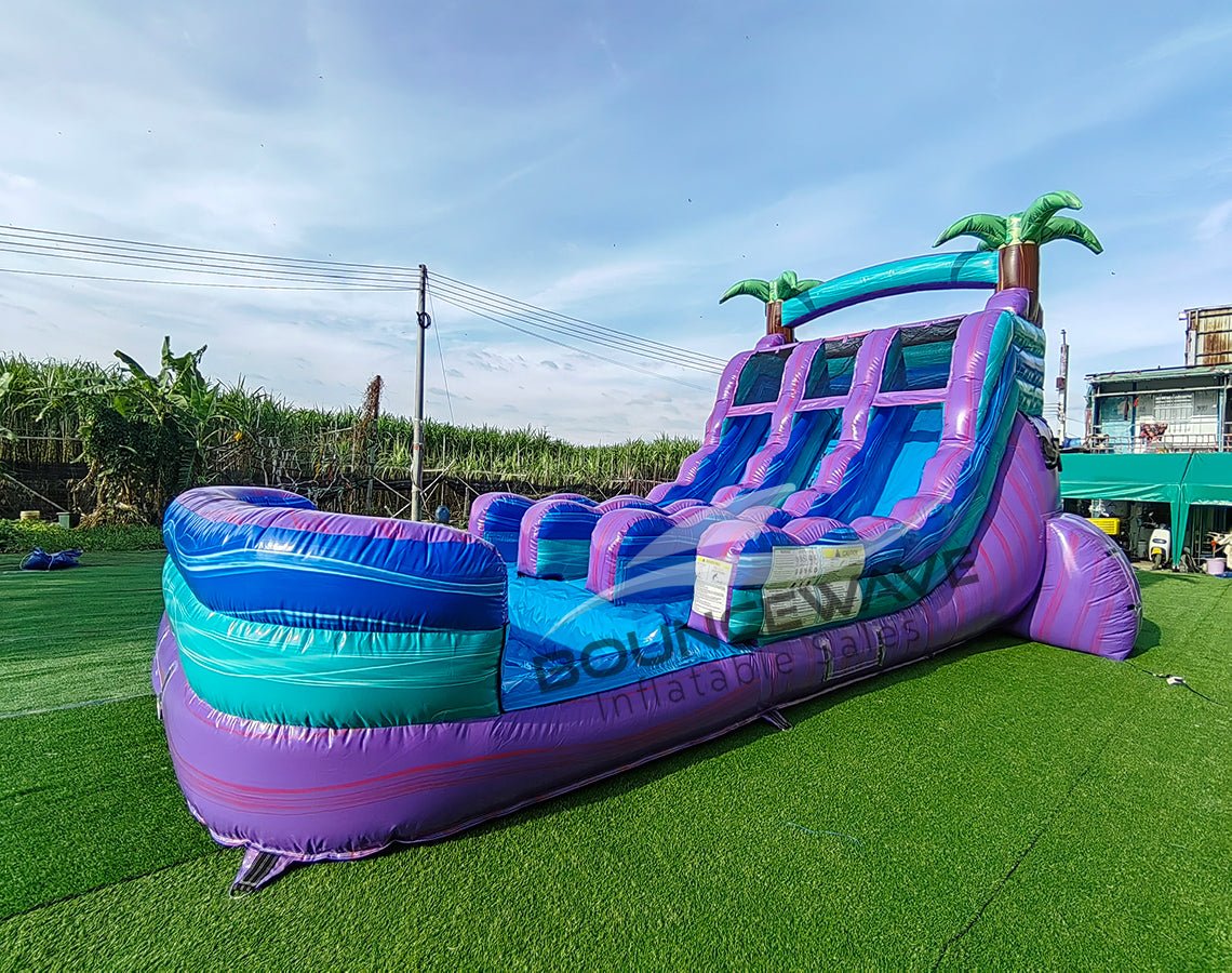 15ft Purple Plunge Dual Lane Center Climb Inflatable Water Slide - BounceWave Inflatable Sales