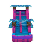 15ft Supernova Splash Commercial Single Lane Inflatable Water Slide front view displaying tropical-themed banner, pink and purple frame, blue slide, and BounceWave branding on inflatable base