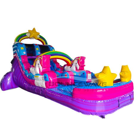 Close-up view of Unicorn Splash inflatable water slide displaying vibrant colors, rainbow designs, unicorn decorations, and star-shaped pool floats in splash area.