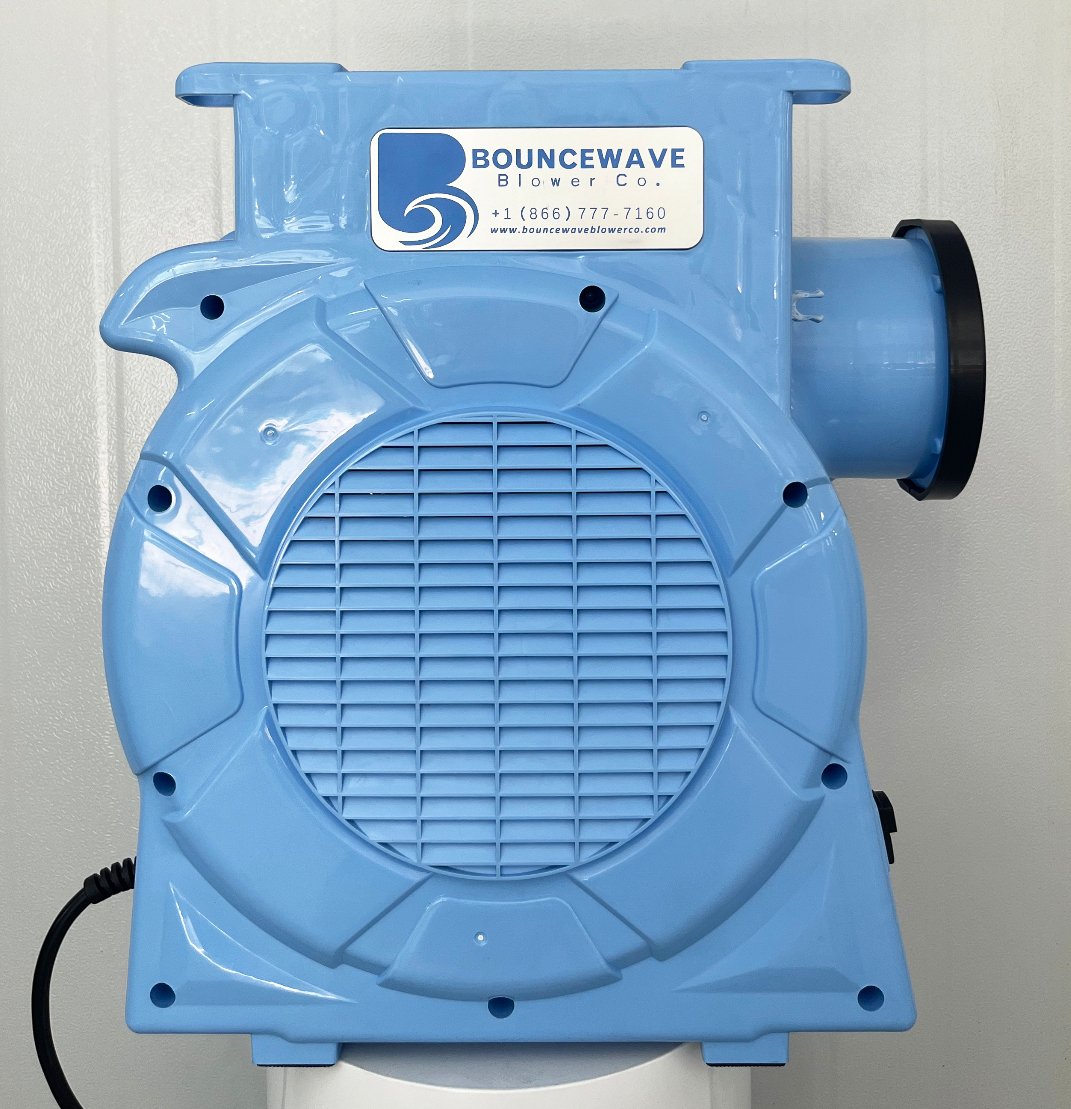 1.5hp BounceWave Air Pump for Inflatables front view showcasing large circular fan guard, BounceWave logo, and light blue casing against white backdrop
